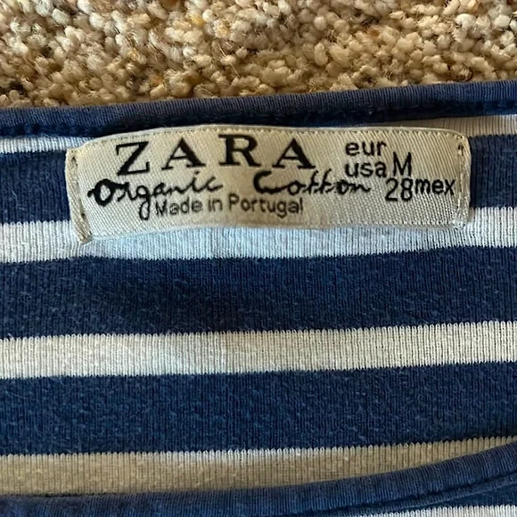 Zara Organic Cotton 3/4 Sleeve Navy Blue & White Striped Shirt Top **Size M** - Picture 3 of 3